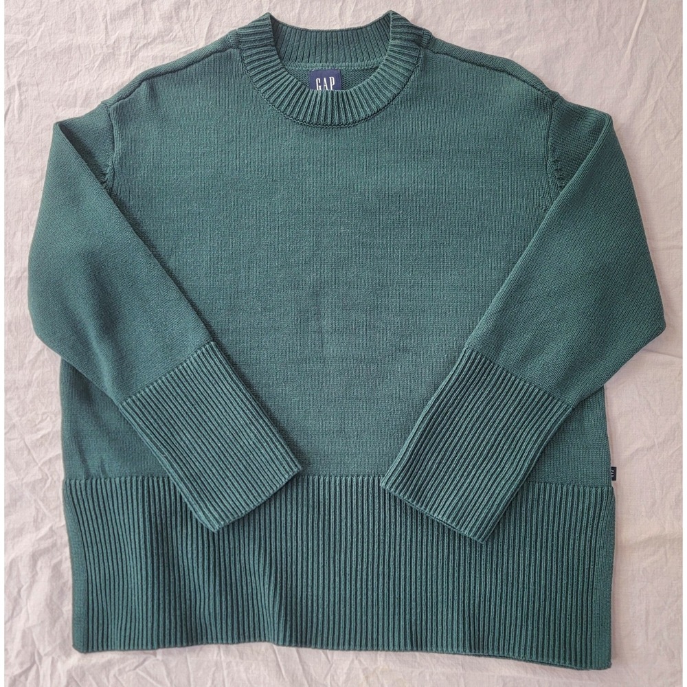 Gap Womens Forest Green 100% Cotton Ribbed Crew Neck Sweater Large Split Hem